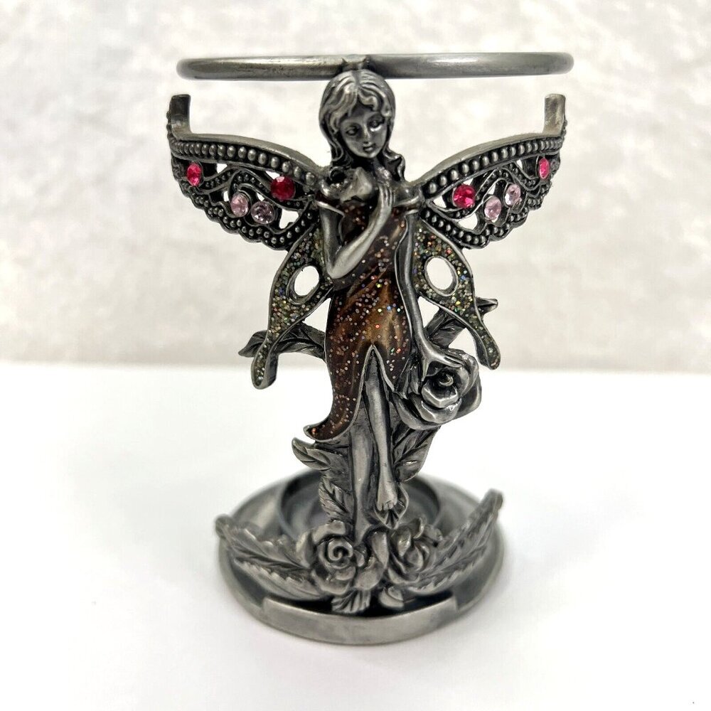 Fairy Angel Wax Warmer Pewter Metal Glitter Pink & Fushia Crystals Marked WF